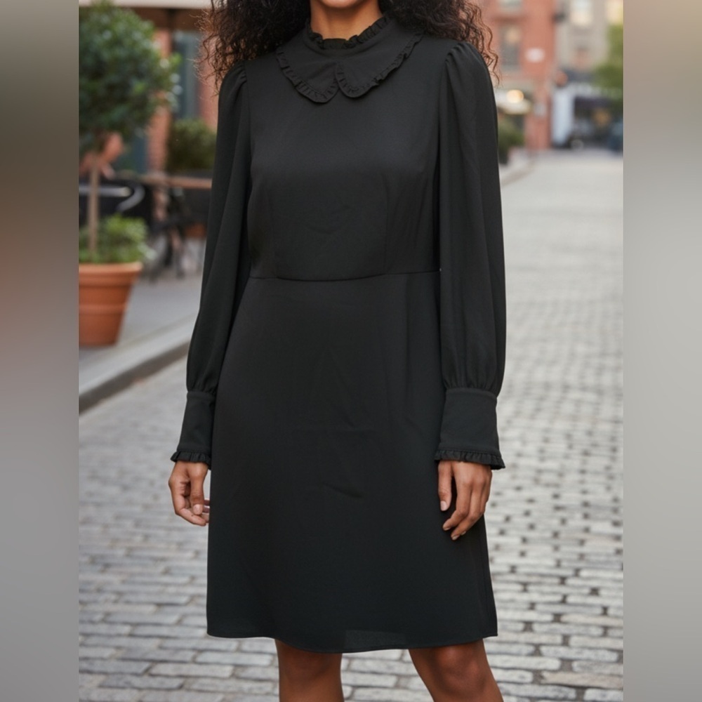 J Crew Black Dress Womens Size 2 ruffled Peter Pan collar Long Sleeve